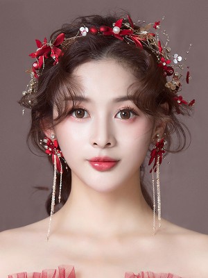 Red Silk Blossom Pearl Bridal Hair Vine