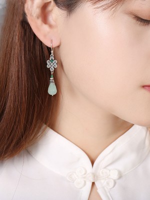 Silver Jade Drop Dangle Clip On Pierced Earrings