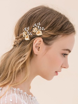 Gilded Metal Floral Petals with Crystal Hairpin Set