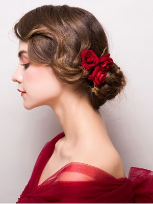 3 Pieces Fabric Red Rosette Bridal Hair Pins Set