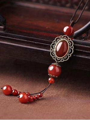 Handmade Red Agate Beads Pendant Necklace