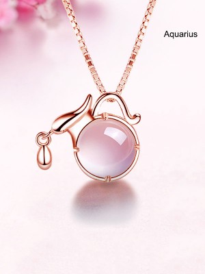 Silver Pink Crystal 12 Constellation Zodiac Pendant Necklace