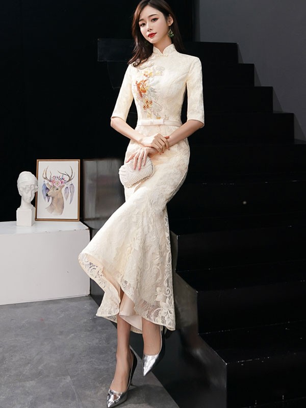 Beige Lace Embroidered Fishtail Qipao / Cheongsam Dress