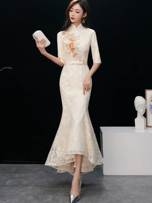 Beige Lace Embroidered Fishtail Qipao / Cheongsam Dress