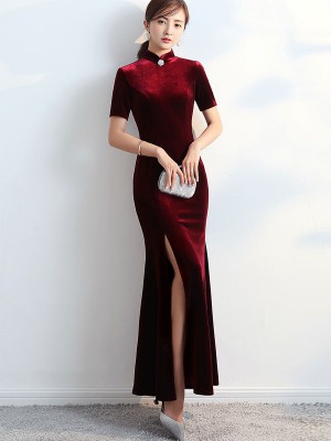 Wine Red Split Fishtail Qipao / Cheongsam Party Dress