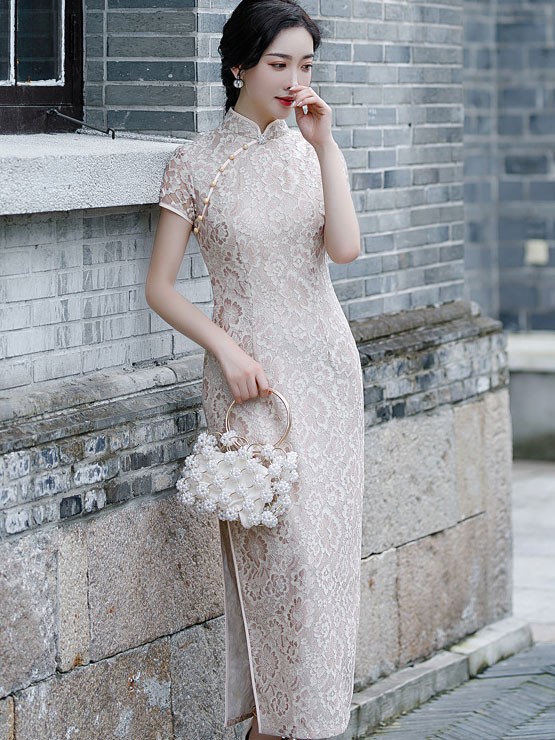 Beige Floral Lace Maxi Qipao / Cheongsam Party Dress
