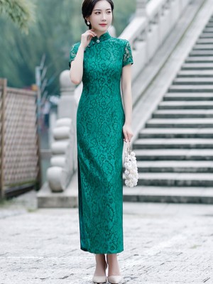 Green Lace Maxi Qipao / Cheongsam Party Dress