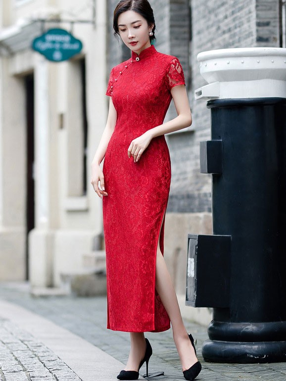 Green Red Lace Maxi Qipao / Cheongsam Party Dress