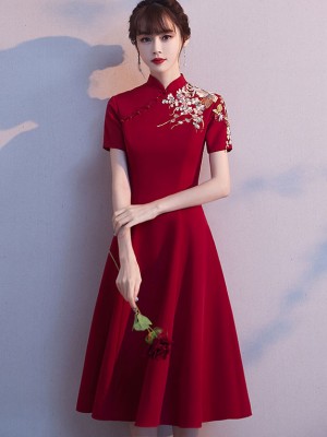Burgundy Embroidered A-Line Qipao Cheongsam Wedding Dress