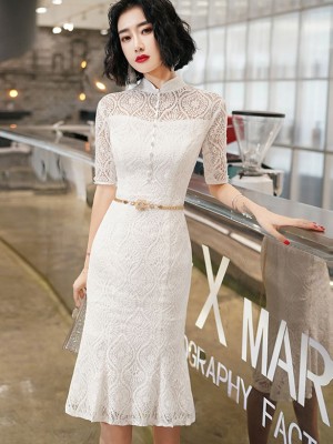 White Lace Modern Midi Cheongsam / Qipao Party Dress