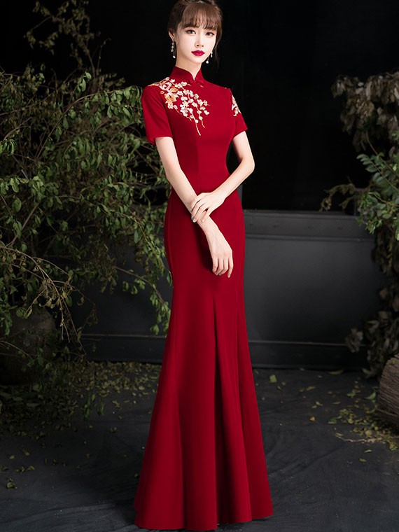 Embroidered Thigh Split Mermaid Qipao / Cheongsam Prom Dress