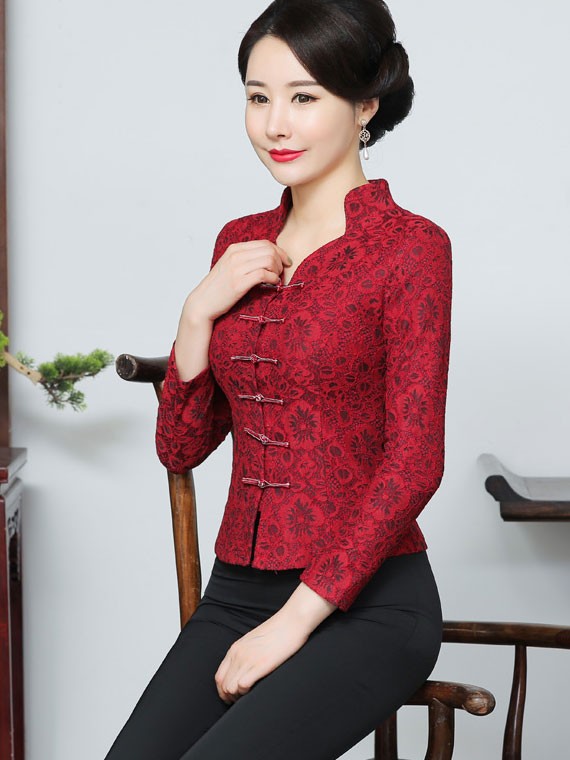 Mother's Red Purple Lace Cheongsam Blouse Top