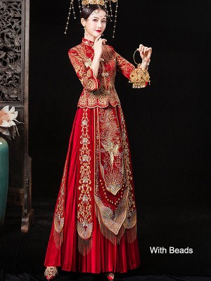 Beaded Embroidered Phoenix Wedding Qun Kwa with Pleated Skirt