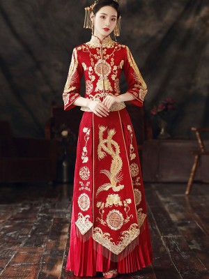 Beaded Embroidered Phoenix Wedding Qun Kwa with Pleated Skirt