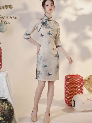 Winter Printed Floral Suede Qipao / Cheongsam Dress