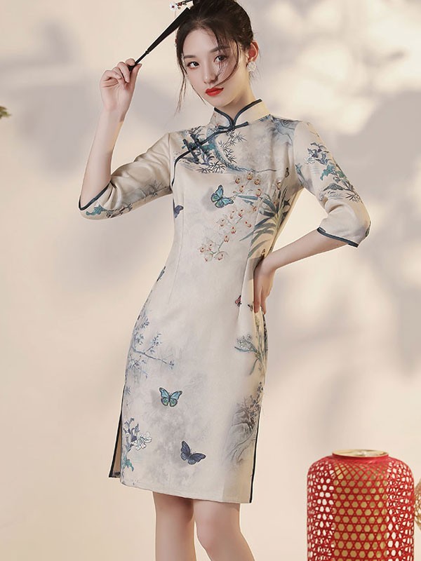 Winter Printed Floral Suede Qipao / Cheongsam Dress