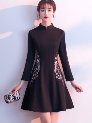 Embroidered Black Wool Blend Winter Qipao / Cheongsam Dress