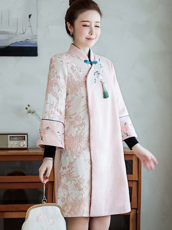 Pink Embroidered Women Chinese Tang Coat