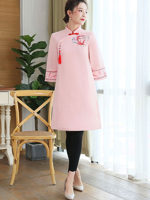 Red Pink Embroidered Women Cheongsam Tang Coat