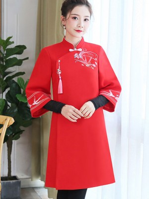 Red Pink Embroidered Women Cheongsam Tang Coat