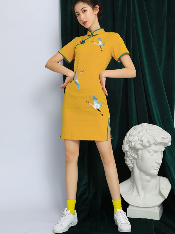 Yellow Micro Suede Qipao / Cheongsam Party Dress - CozyLadyWear