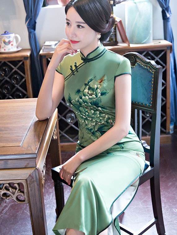 Sage Green Floral Long Qipao / Cheongsam Party Dress