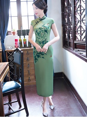 Sage Green Floral Long Qipao / Cheongsam Party Dress