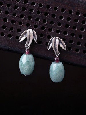 Silver Jade Drop Dangle Pierced Earrings