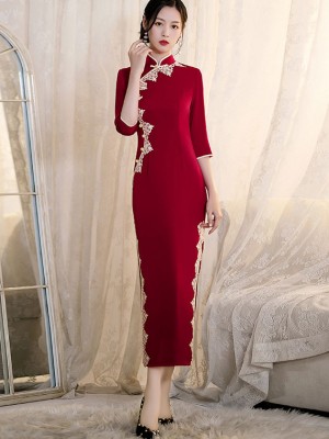 Red Blue Winter Qipao / Cheongsam Wedding Dress