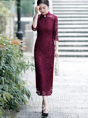 Red Floral Mother's Velvet Long Qipao / Cheongsam Dress