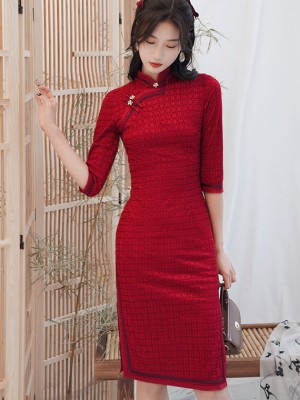 Red Winter Midi Wedding Qipao / Cheongsam Dress