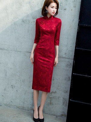 Winter Red Lace Midi Wedding Cheongsam / Qipao Dress