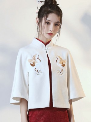 Embroidered White Wool Blend Coat Cape