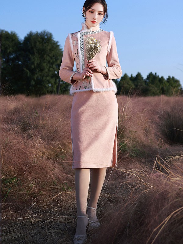 Pink Wool-Blend Skirt Suit