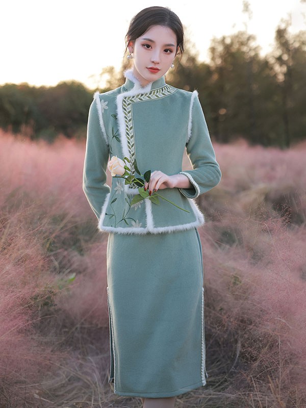 Wool Blend Two Piece Cheongsam Dress and Waistcoat CozyLadyWear
