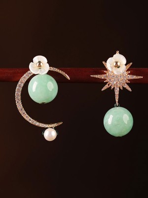 Asymmetric Star Moon Jade Delicate Earrings