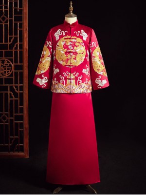 Embroidered Men's Dragon Wedding Suit, Jacket & Skirt