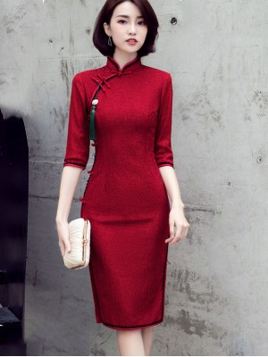 Wine Red Lace Midi Qipao / Cheongsam Party Dress