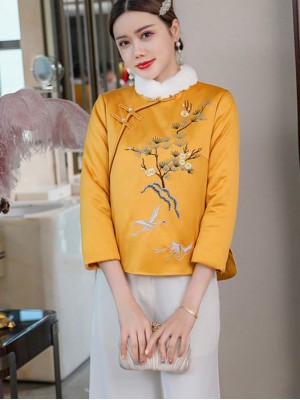 Yellow Embroidered Women Qipao Tang Coat