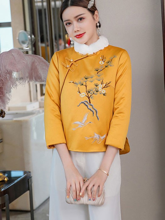 Yellow Embroidered Women Qipao Tang Coat - CozyLadyWear