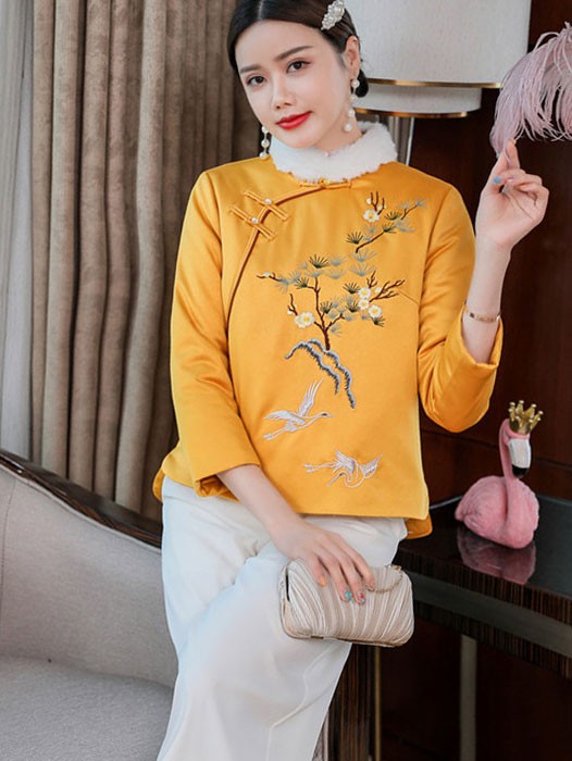 Yellow Embroidered Women Qipao Tang Coat