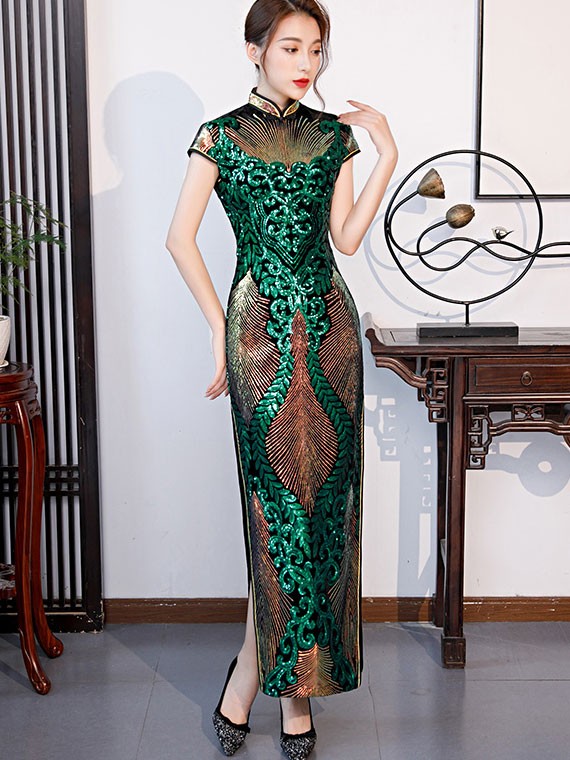 Blue Green Sequined Maxi Qipao / Cheongsam Party Dress