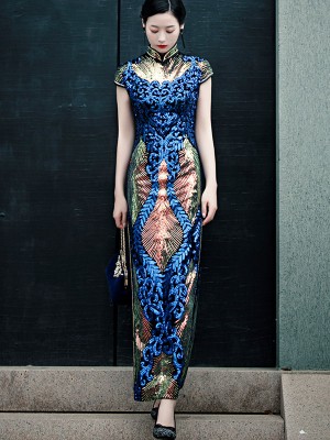 Blue Green Sequined Maxi Qipao / Cheongsam Party Dress