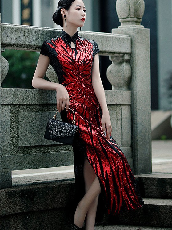 Bridal Mother's Color-blocked Sequined Qipao / Cheongsam Dress