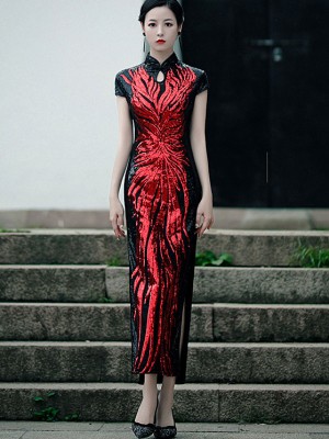 Bridal Mother's Color-blocked Sequined Qipao / Cheongsam Dress
