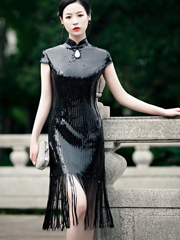 Sequined Tassel Hem Qipao / Cheongsam Party Dress