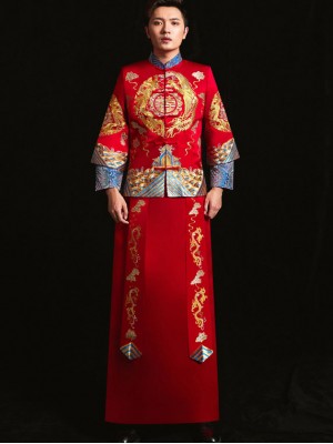 Embroidered Dragon Phoenix Man Wedding Suit, Jacket & Skirt