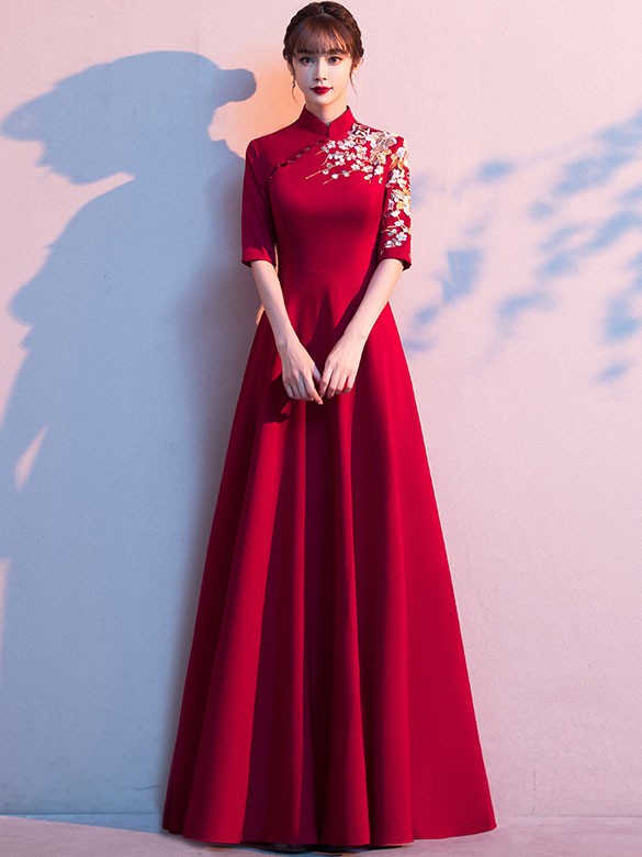 Embroidered A-Line Floor Length Qipao / Cheongsam Wedding Dress