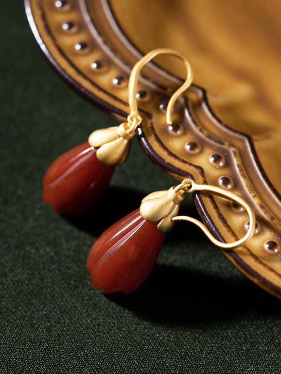 Oriental Red Agate Drop Dangle Earrings