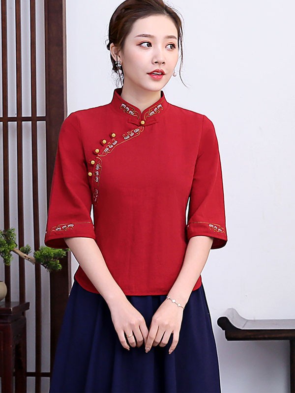 Embroidered Linen Qipao / Cheongsam Blouse Top with Half Sleeve